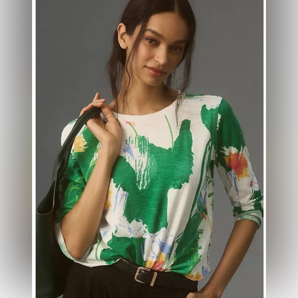 ANTHROPOLOGIE Sonal Nathwani Long-Sleeve Printed Tee by Maeve Cotton Floral Sz S